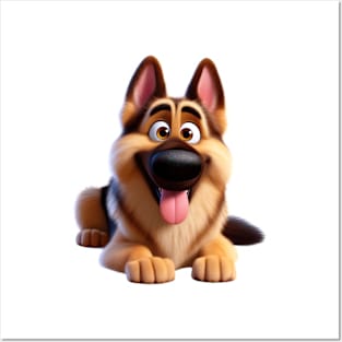 German Shepherd sitting down cartoon Posters and Art